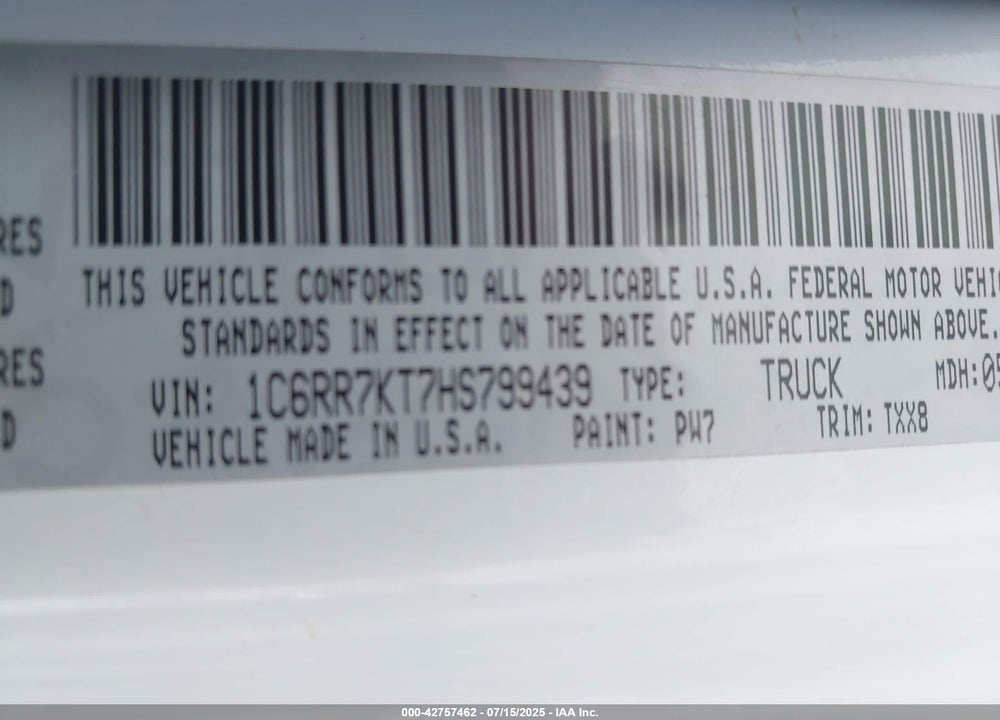 2017 RAM 1500 VIN: 1C6RR7KT7HS799439