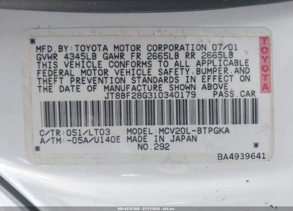 2001 LEXUS ES 300 VIN: JT8BF28G310340179