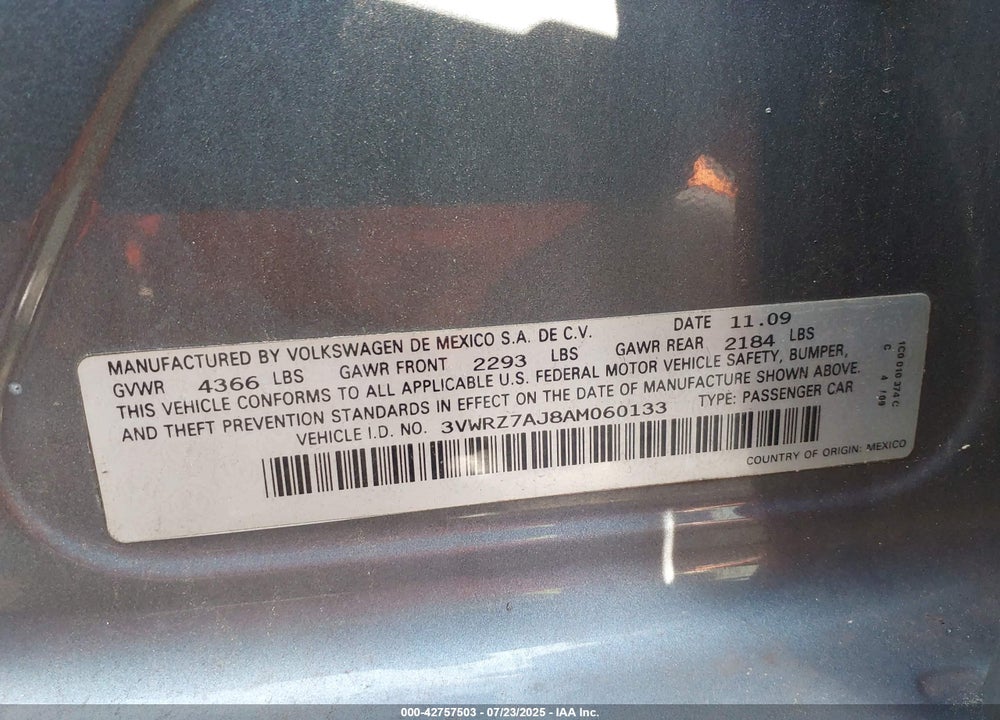 2010 VOLKSWAGEN JETTA VIN: 3VWRZ7AJ8AM060133