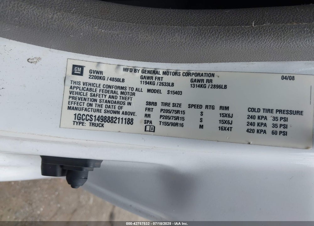2008 CHEVROLET COLORADO WORK TRUCK VIN: 1GCCS149888211188