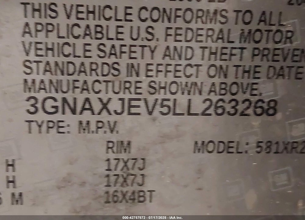 2020 CHEVROLET EQUINOX VIN: 3GNAXJEV5LL263268