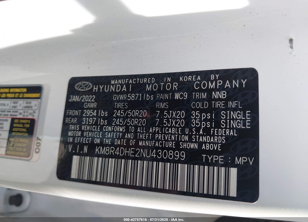2022 HYUNDAI PALISADE VIN: KM8R4DHE2NU430899