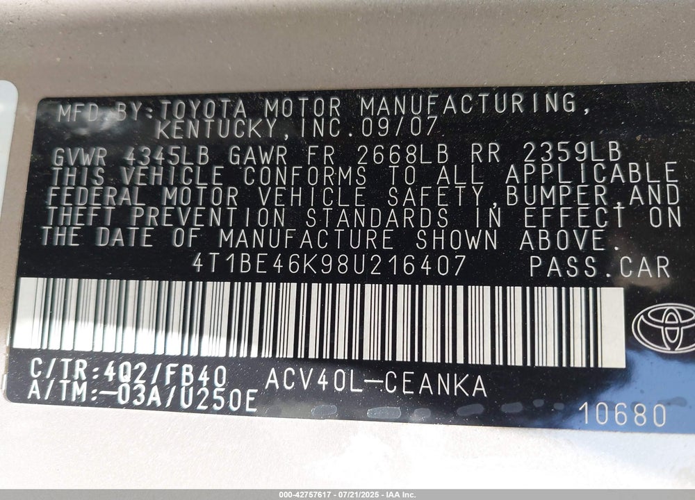 2008 TOYOTA CAMRY VIN: 4T1BE46K98U216407