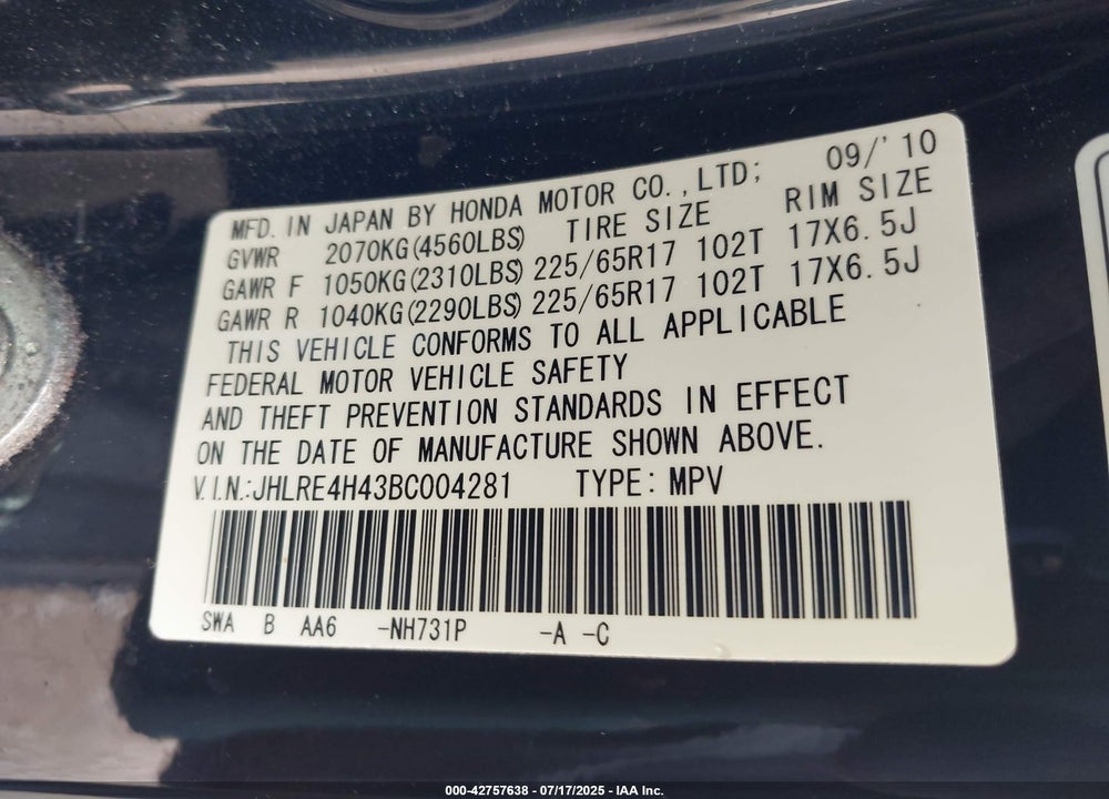 2011 HONDA CR-V VIN: JHLRE4H43BC004281
