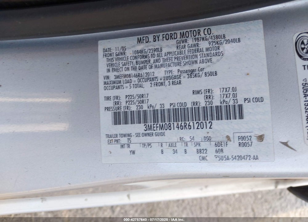 2006 MERCURY MILAN V6 PREMIER VIN: 3MEFM08146R612012
