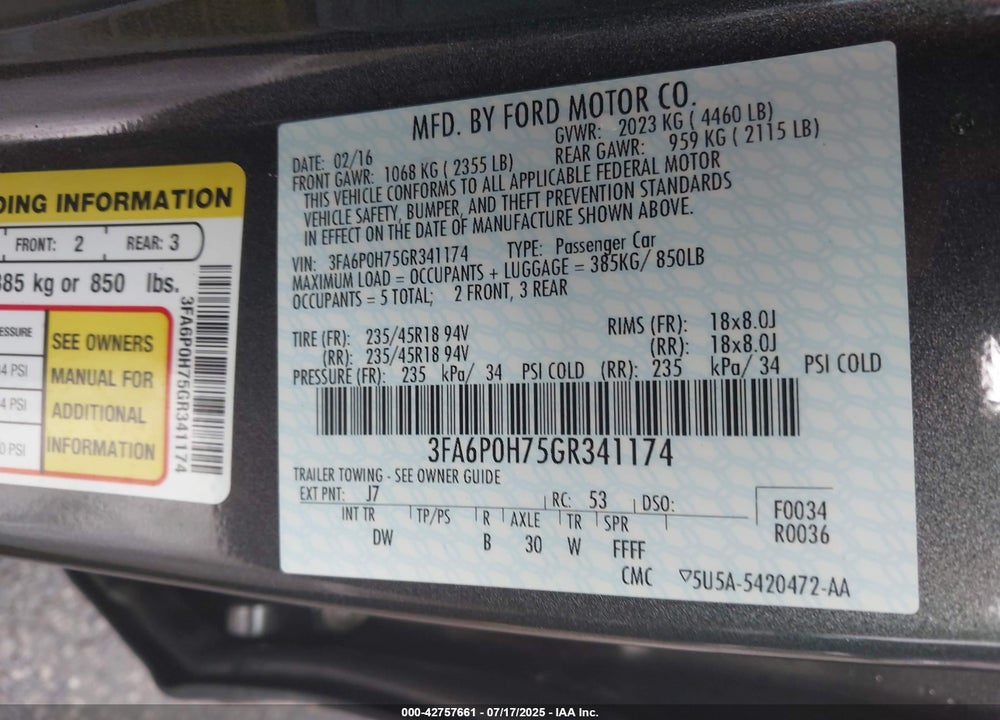 2016 FORD FUSION VIN: 3FA6P0H75GR341174