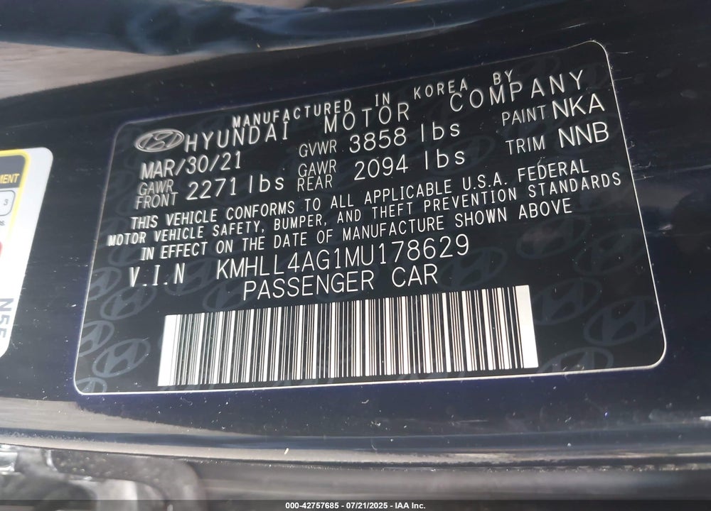 2021 HYUNDAI ELANTRA VIN: KMHLL4AG1MU178629