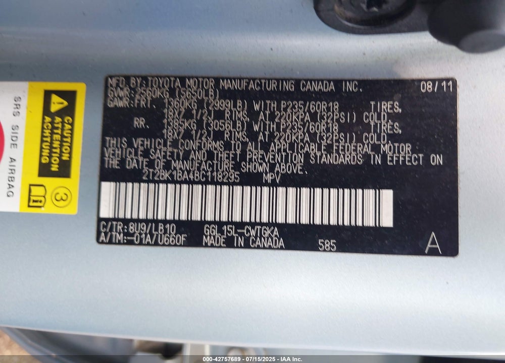 2011 LEXUS RX 350 VIN: 2T2BK1BA4BC118295