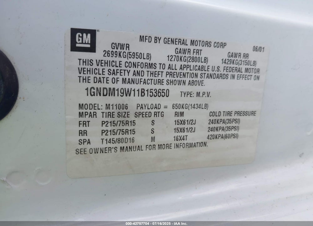 2001 CHEVROLET ASTRO VIN: 1GNDM19W11B153650