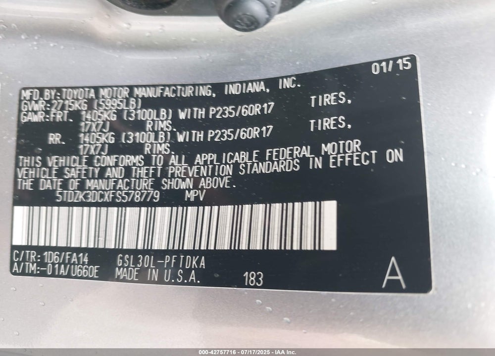 2015 TOYOTA SIENNA L 7 PASSENGER VIN: 5TDZK3DCXFS578779