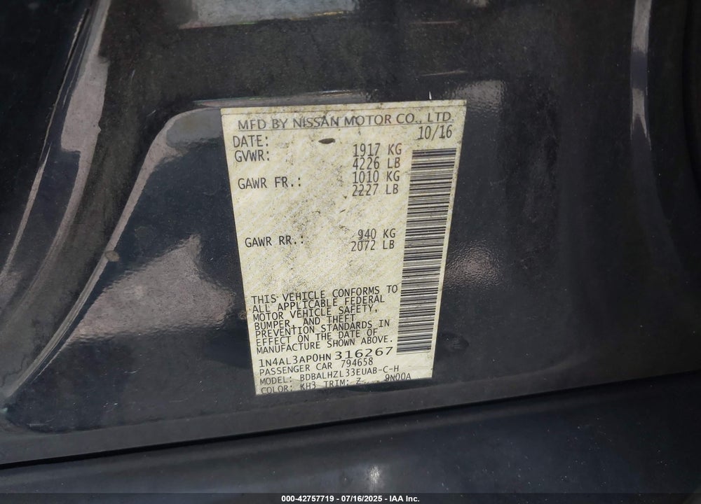 2017 NISSAN ALTIMA VIN: 1N4AL3AP0HN316267