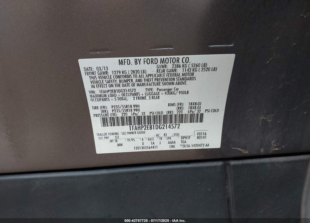 2013 FORD TAURUS SEL VIN: 1FAHP2E81DG214572