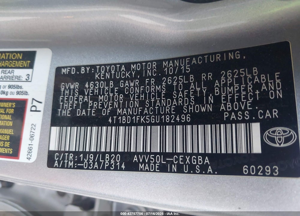 2016 TOYOTA CAMRY HYBRID VIN: 4T1BD1FK5GU182496