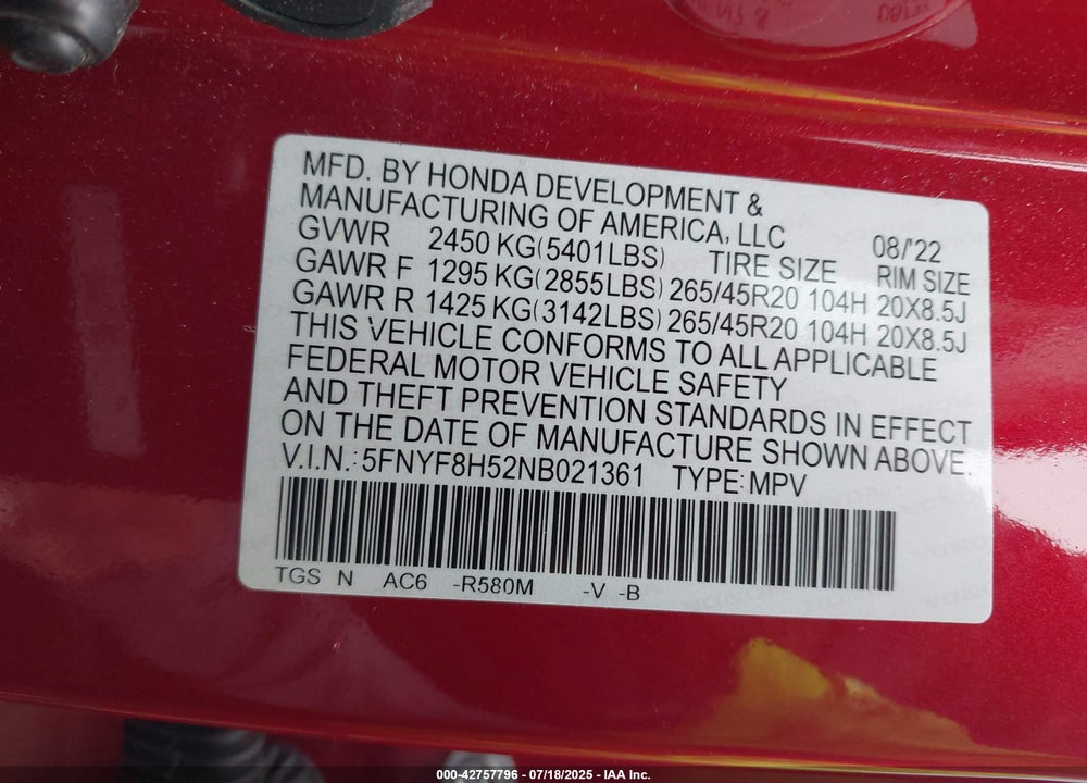 2022 HONDA PASSPORT VIN: 5FNYF8H52NB021361