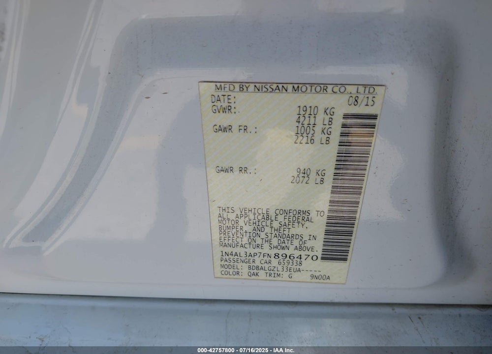 2015 NISSAN ALTIMA VIN: 1N4AL3AP7FN896470