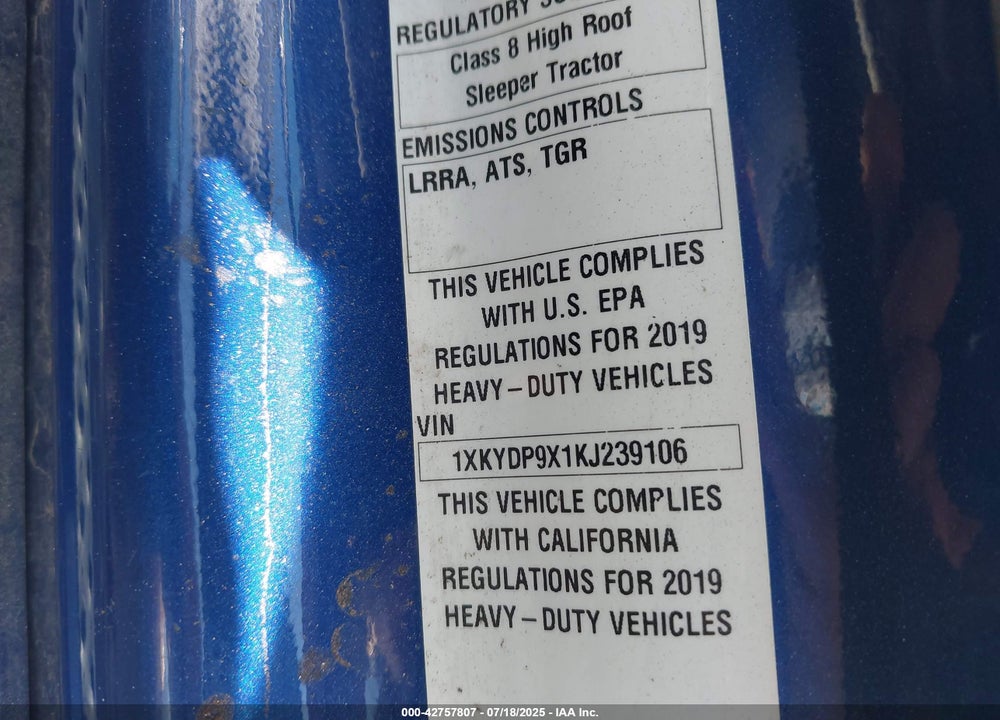 2019 KENWORTH T680 VIN: 1XKYDP9X1KJ239106