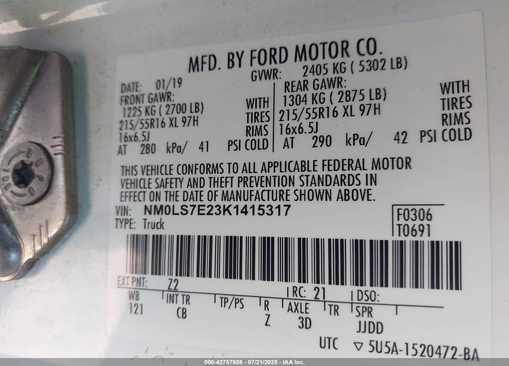 2019 FORD TRANSIT CONNECT XL VIN: NM0LS7E23K1415317
