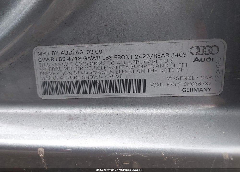 2009 AUDI A4 VIN: WAUJF78K19N066782
