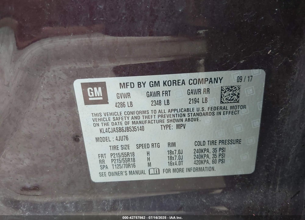 2018 BUICK ENCORE VIN: KL4CJASB6JB535140