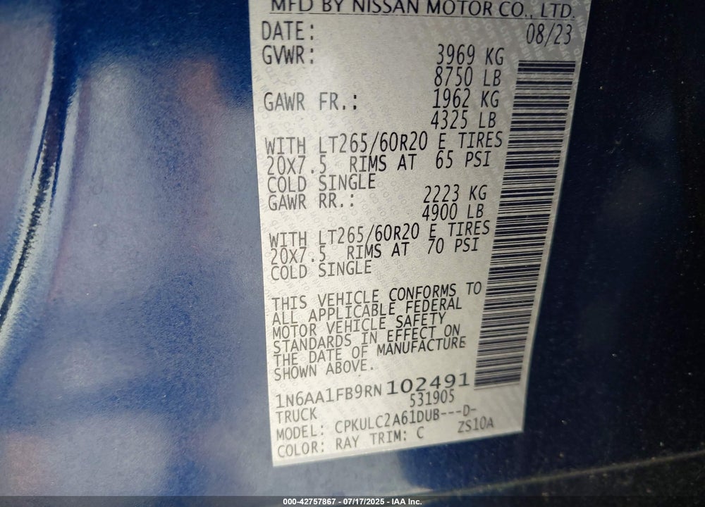 2024 NISSAN TITAN VIN: 1N6AA1FB9RN102491
