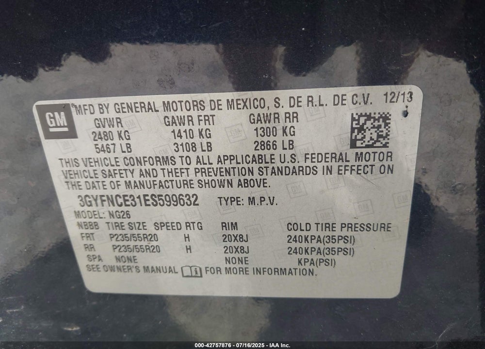 2014 CADILLAC SRX VIN: 3GYFNCE31ES599632