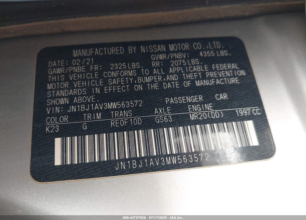 2021 NISSAN ROGUE SPORT VIN: JN1BJ1AV3MW563572