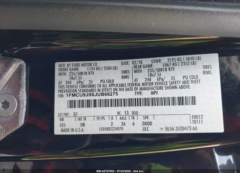 2018 FORD ESCAPE VIN: 1FMCU9J9XJUB66275