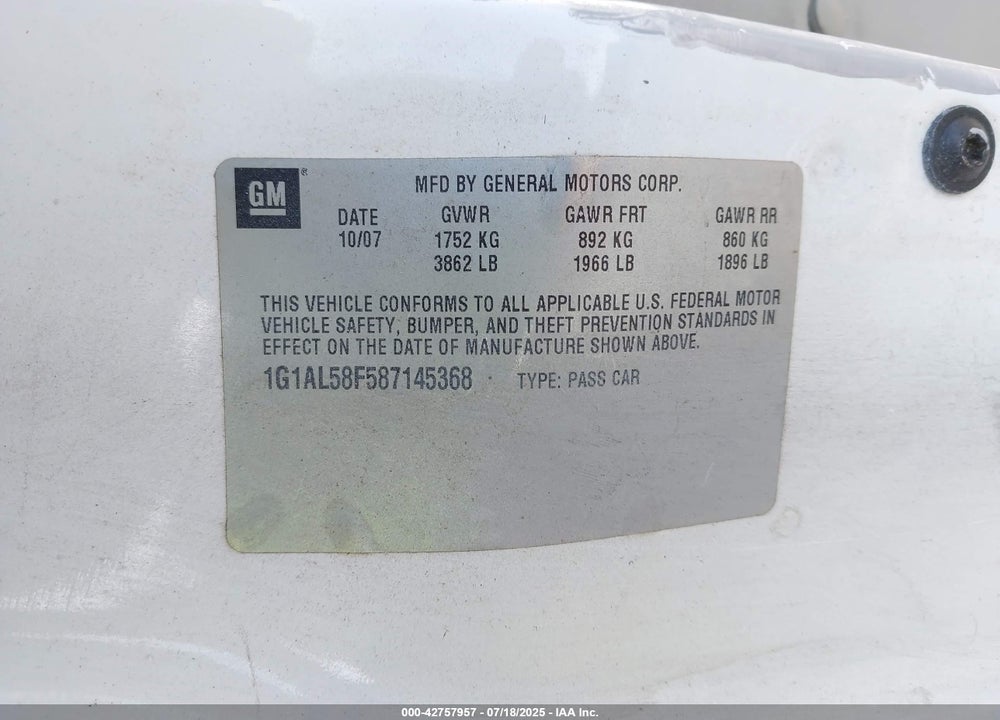 2008 CHEVROLET COBALT VIN: 1G1AL58F587145368