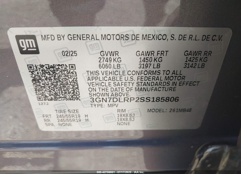 2025 CHEVROLET EQUINOX EV LT VIN: 3GN7DLRP2SS185806