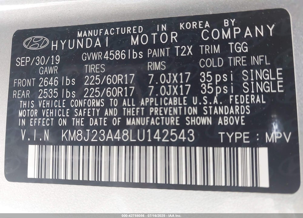 2020 HYUNDAI TUCSON VIN: KM8J23A48LU142543