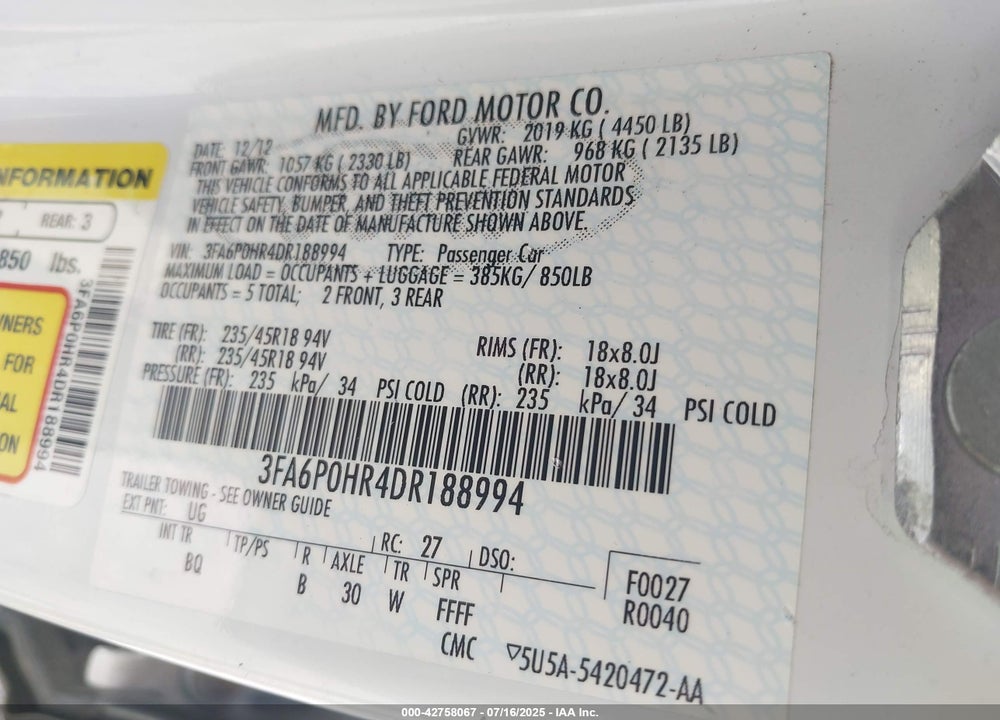 2013 FORD FUSION VIN: 3FA6P0HR4DR188994