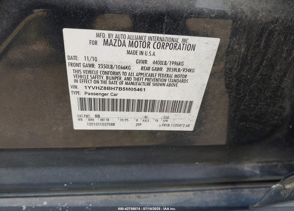 2011 MAZDA 6 VIN: 1YVHZ8BH7B5M05461