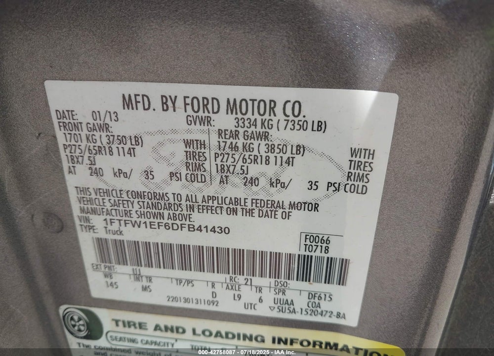 2013 FORD F-150 VIN: 1FTFW1EF6DFB41430