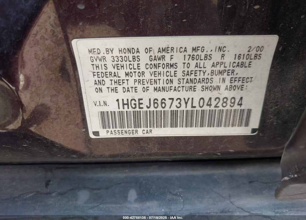 2000 HONDA CIVIC LX VIN: 1HGEJ6673YL042894