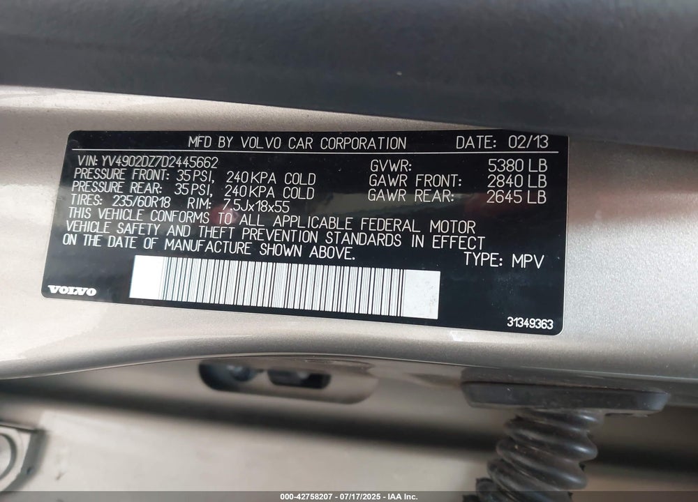 2013 VOLVO XC60 VIN: YV4902DZ7D2445662