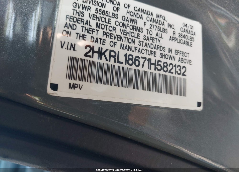 2001 HONDA ODYSSEY EX VIN: 2HKRL18671H582132