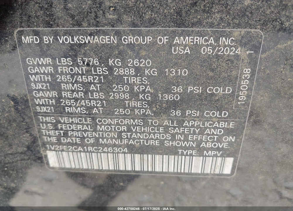 2024 VOLKSWAGEN ATLAS CROSS SPORT VIN: 1V2FE2CA1RC246304