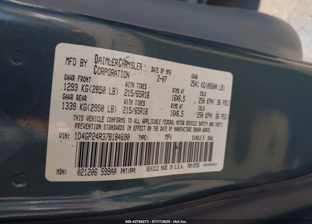 2007 DODGE GRAND CARAVAN SE VIN: 1D4GP24R37B184690