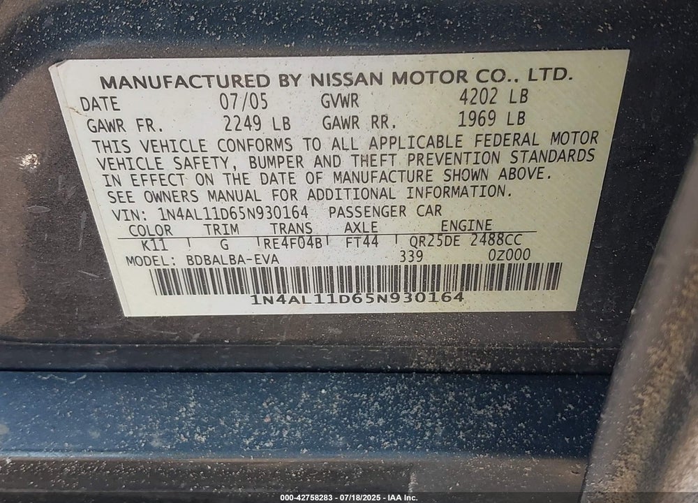 2005 NISSAN ALTIMA 2.5 S VIN: 1N4AL11D65N930164