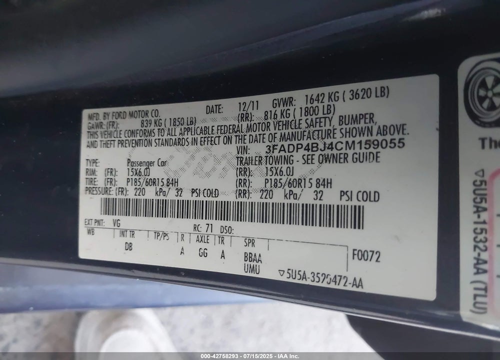 2012 FORD FIESTA VIN: 3FADP4BJ4CM159055