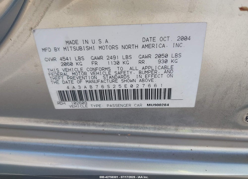 2005 MITSUBISHI GALANT GTS VIN: 4A3AB76S25E027661
