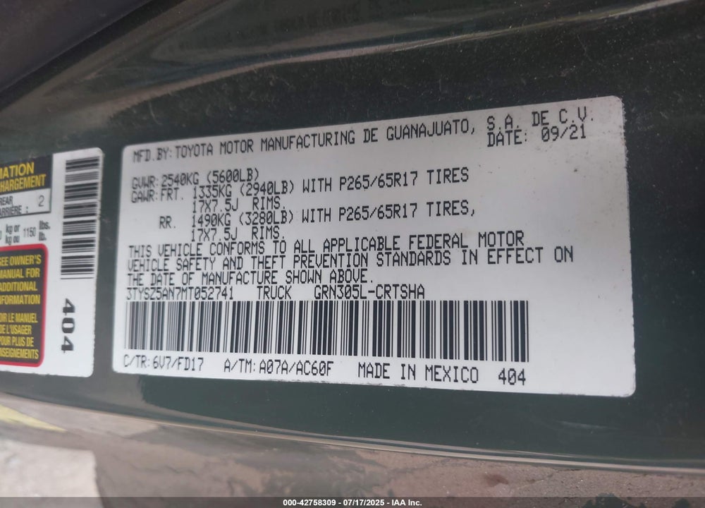 2021 TOYOTA TACOMA VIN: 3TYSZ5AN7MT052741