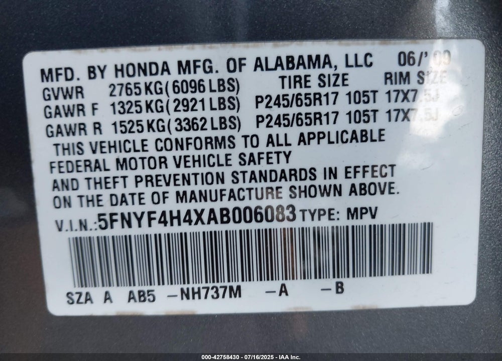 2010 HONDA PILOT VIN: 5FNYF4H4XAB006083