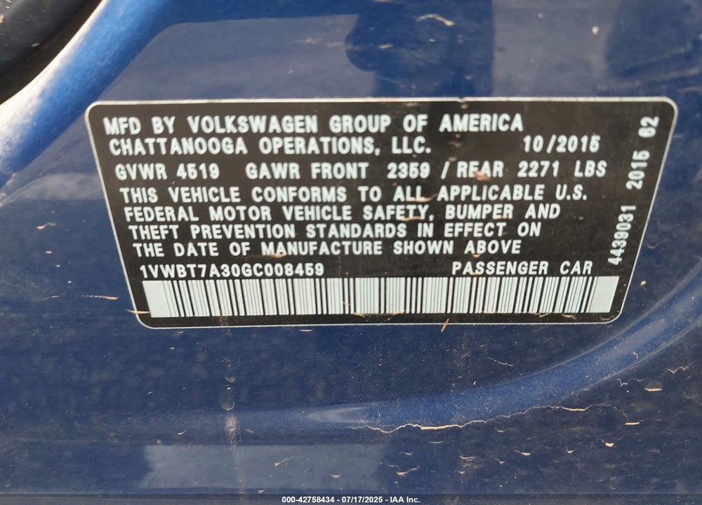 2016 VOLKSWAGEN PASSAT 1.8T SE VIN: 1VWBT7A30GC008459