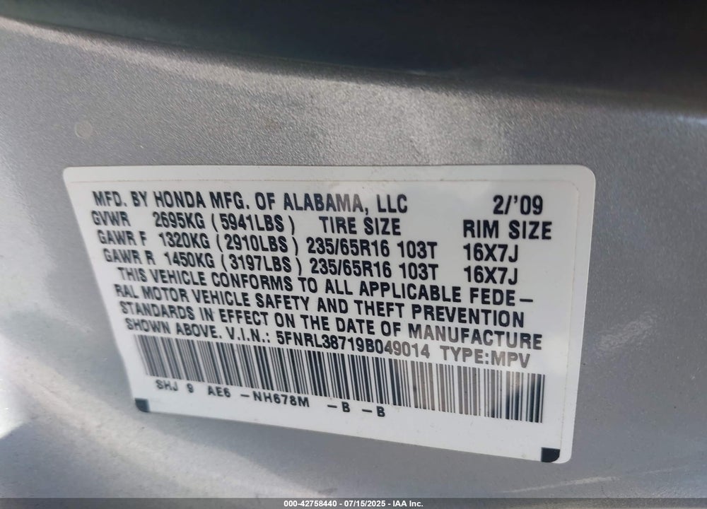 2009 HONDA ODYSSEY EX-L VIN: 5FNRL38719B049014
