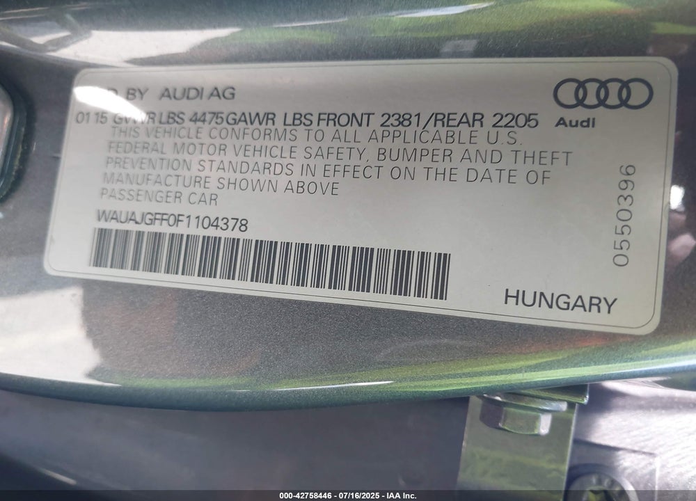 2015 AUDI A3 2.0 TDI PREMIUM VIN: WAUAJGFF0F1104378