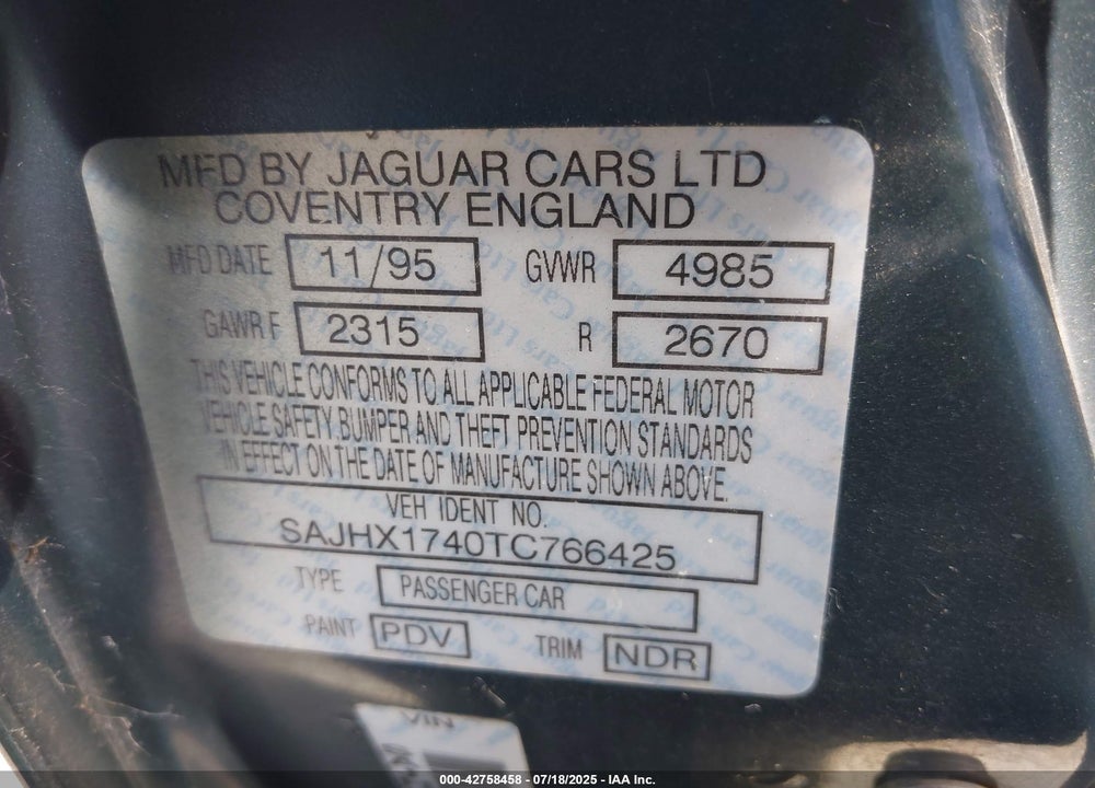 1996 JAGUAR XJ6 VIN: SAJHX1740TC766425