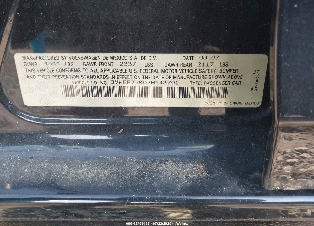 2007 VOLKSWAGEN JETTA WOLFSBURG EDITION VIN: 3VWEF71K07M143791