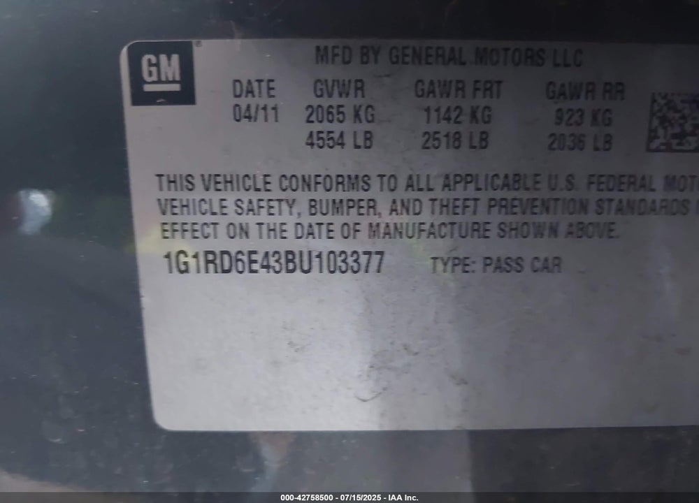 2011 CHEVROLET VOLT VIN: 1G1RD6E43BU103377