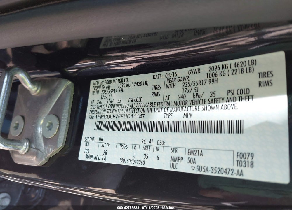 2015 FORD ESCAPE VIN: 1FMCU0F75FUC11147